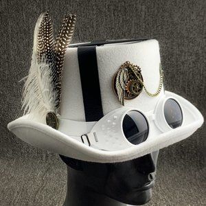 Steampunk Burning Man Feather White Top Hat